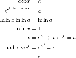 \begin{align*} a\infty x &= a \\ e^{e^{\ln \ln a \ln \ln x}}&=a \\ \ln \ln x \ln \ln a&=\ln \ln a \\ \ln \ln x&=1\\ x &= e^e \to a\infty e^e=a\\  \text{and }e\infty e^e&=e^{e^{0}}=e \\ \text{hmm but} $e\infty$ \text{ anything }&=e \end{align*}