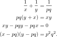 \begin{align*} \fr{x}+\fr{y}&=\fr{pq}\\ pq(y+x)&=xy \\ xy-pqy-pqx&=0 \\ (x-pq)(y-pq)&=p^2q^2. \end{align*}